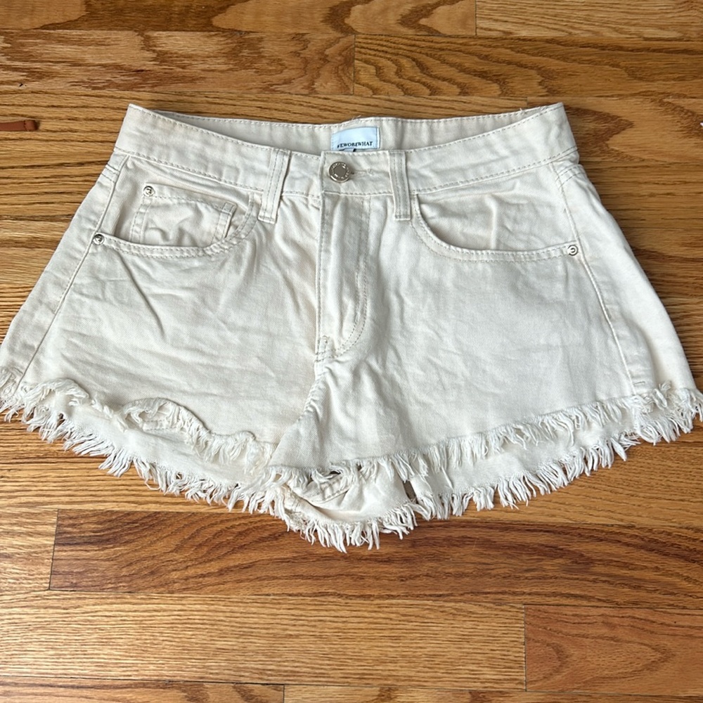 Weworewhat light cream frayed jean shorts